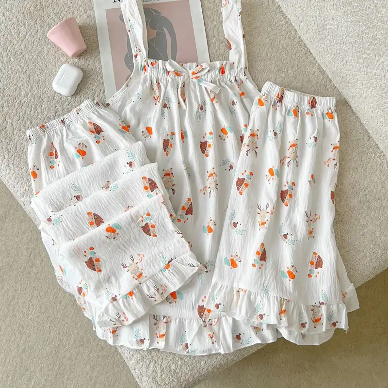 ست سه تکه راحتی زنانه موسلین طرح Floral؛ تاپ و شلوار و شورتک راحتی 🌸